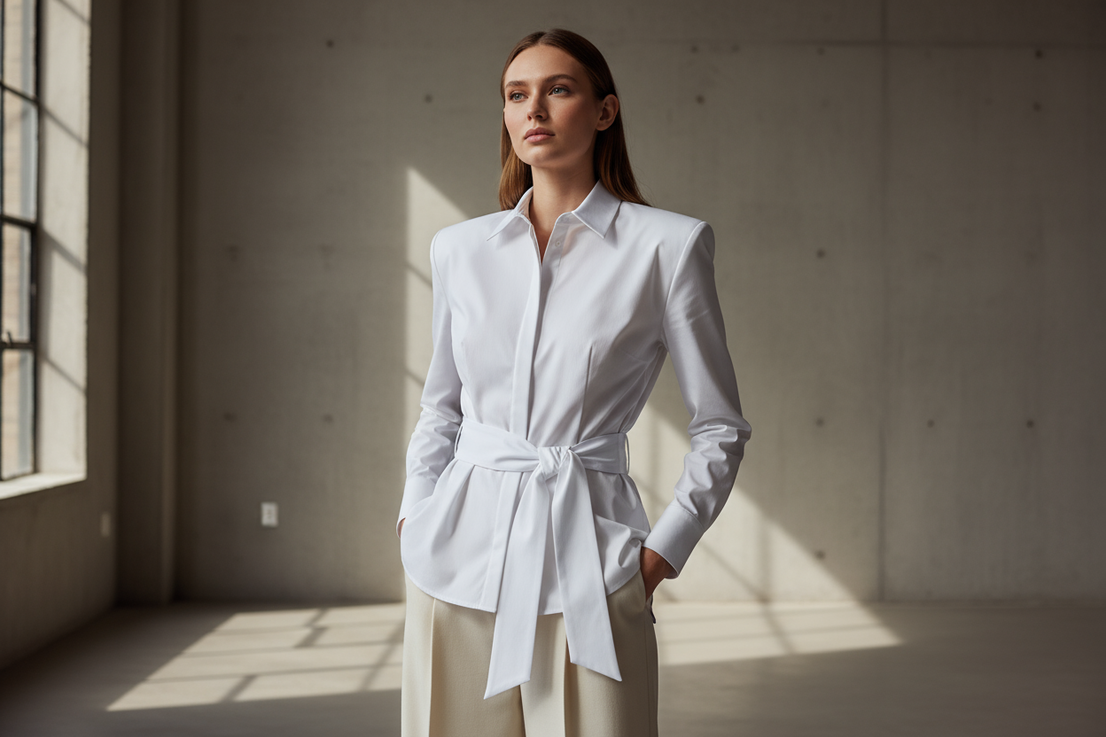 A woman in her twenties Balancing masculine tailoring with feminine cinching, The Nara Shirt features structured shoulders, a crisp poplin body, and a detachable tie that lets form and flow coexist. Designed with precision and ease, making it refined, fluid, and timeless design.