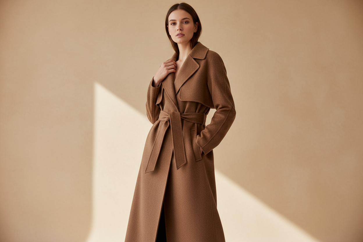 A woman in her twenties waring Crafted from soft brown wool fabric, The Selva Trench merges strength with softness in quiet harmony. Its trench-inspired silhouette is reimagined with gentle precision making it grounded, tactile, and effortlessly refined.