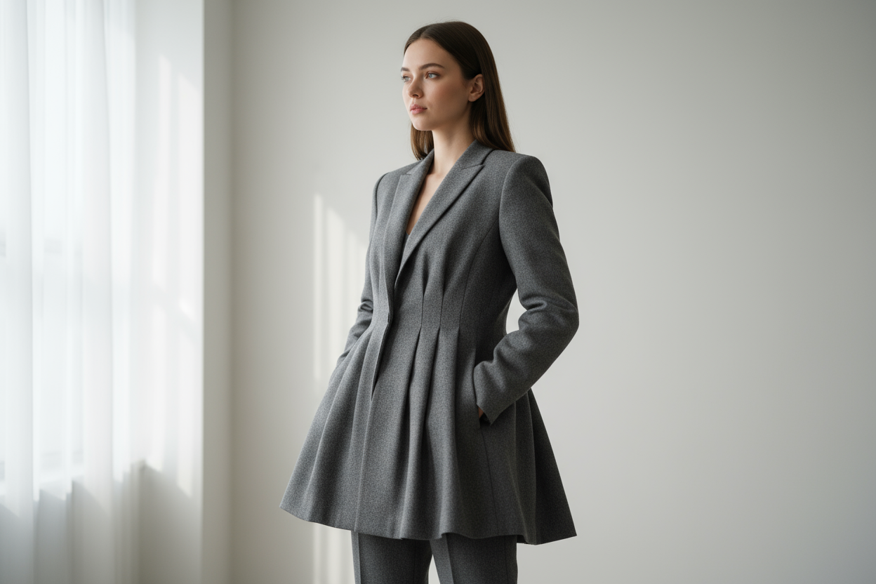A woman in her twenties wearing Tailored from fine grey suiting wool, The Vale Blazer blends structure with softness. Pleats at the back add gentle movement to its refined silhouette, balancing strength and ease. Designed to pair seamlessly with The Vale Skirt, embodying Azaleia’s vision of understated elegance and timeless form.