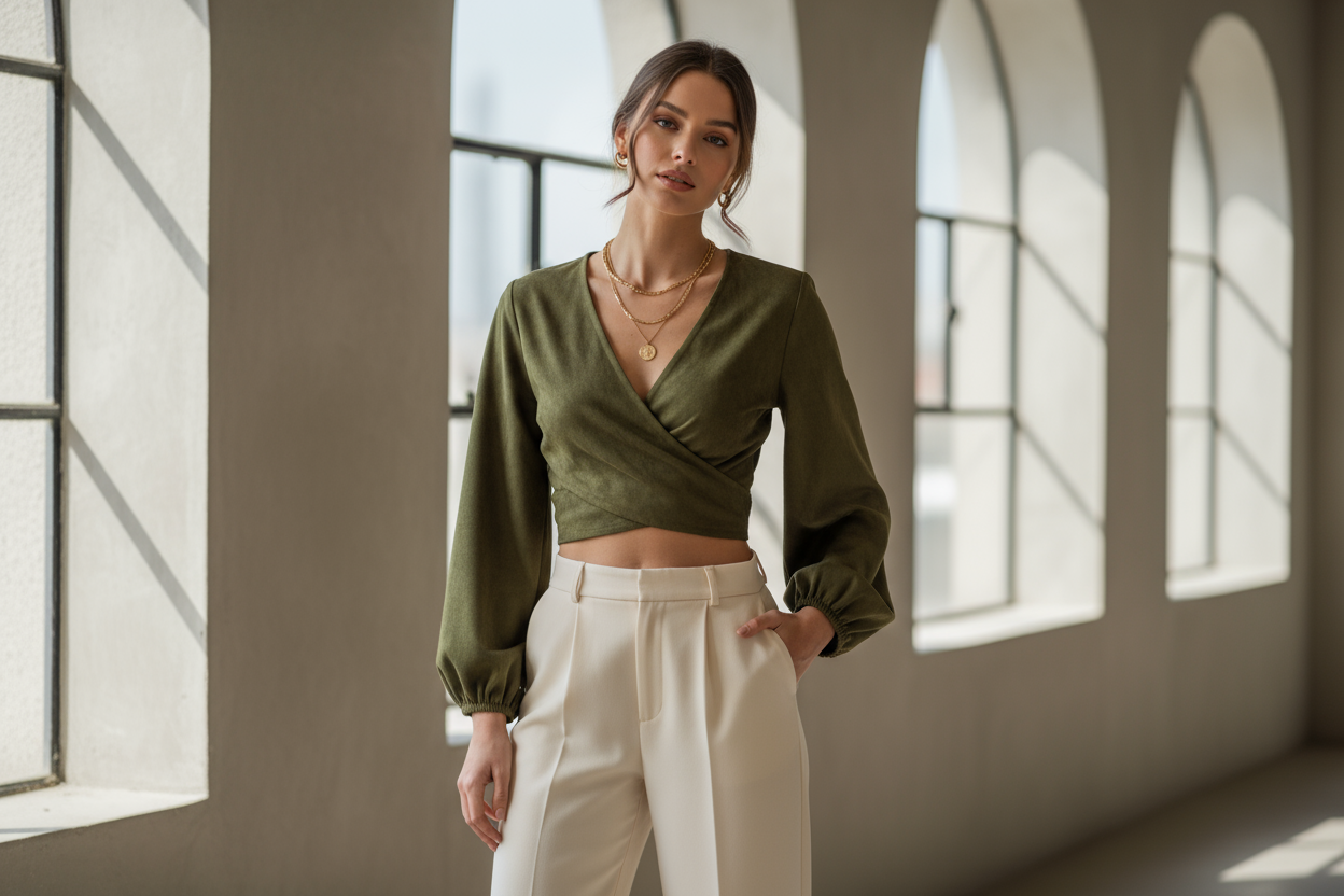 A Women in her mid twenties wearing Crafted from olive green suede, The Ora Blouse blends structure with lightness. The cropped, wrapped silhouette is defined by clean lines and subtle volume, creating a shape that feels both modern and effortless.