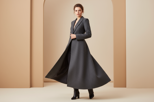 A woman in her twenties, Cut from wool with a sculpted silhouette, The Amara Coat defines a quiet, timeless strength. Tailored yet fluid, it drapes with ease while holding its shape; an expression of grace in motion.