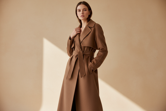 A woman in her twenties waring Crafted from soft brown wool fabric, The Selva Trench merges strength with softness in quiet harmony. Its trench-inspired silhouette is reimagined with gentle precision making it grounded, tactile, and effortlessly refined.