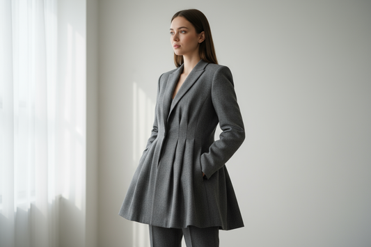 A woman in her twenties wearing Tailored from fine grey suiting wool, The Vale Blazer blends structure with softness. Pleats at the back add gentle movement to its refined silhouette, balancing strength and ease. Designed to pair seamlessly with The Vale Skirt, embodying Azaleia’s vision of understated elegance and timeless form.